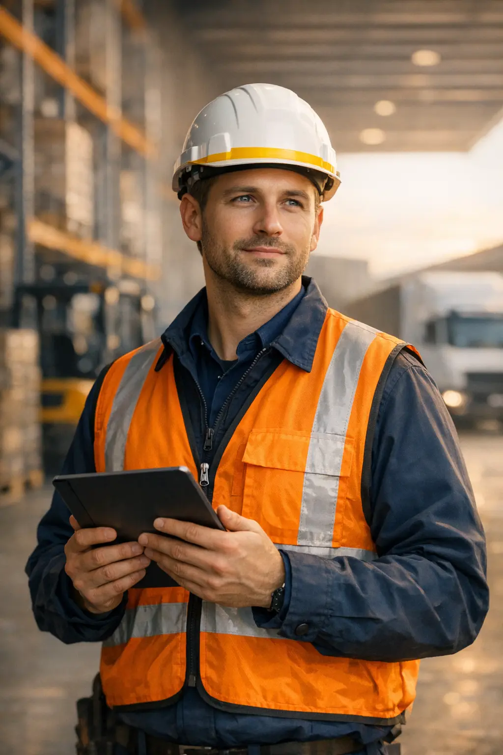 Specjalista BHP podczas wizyty w firmie transportowej lub produkcyjnej